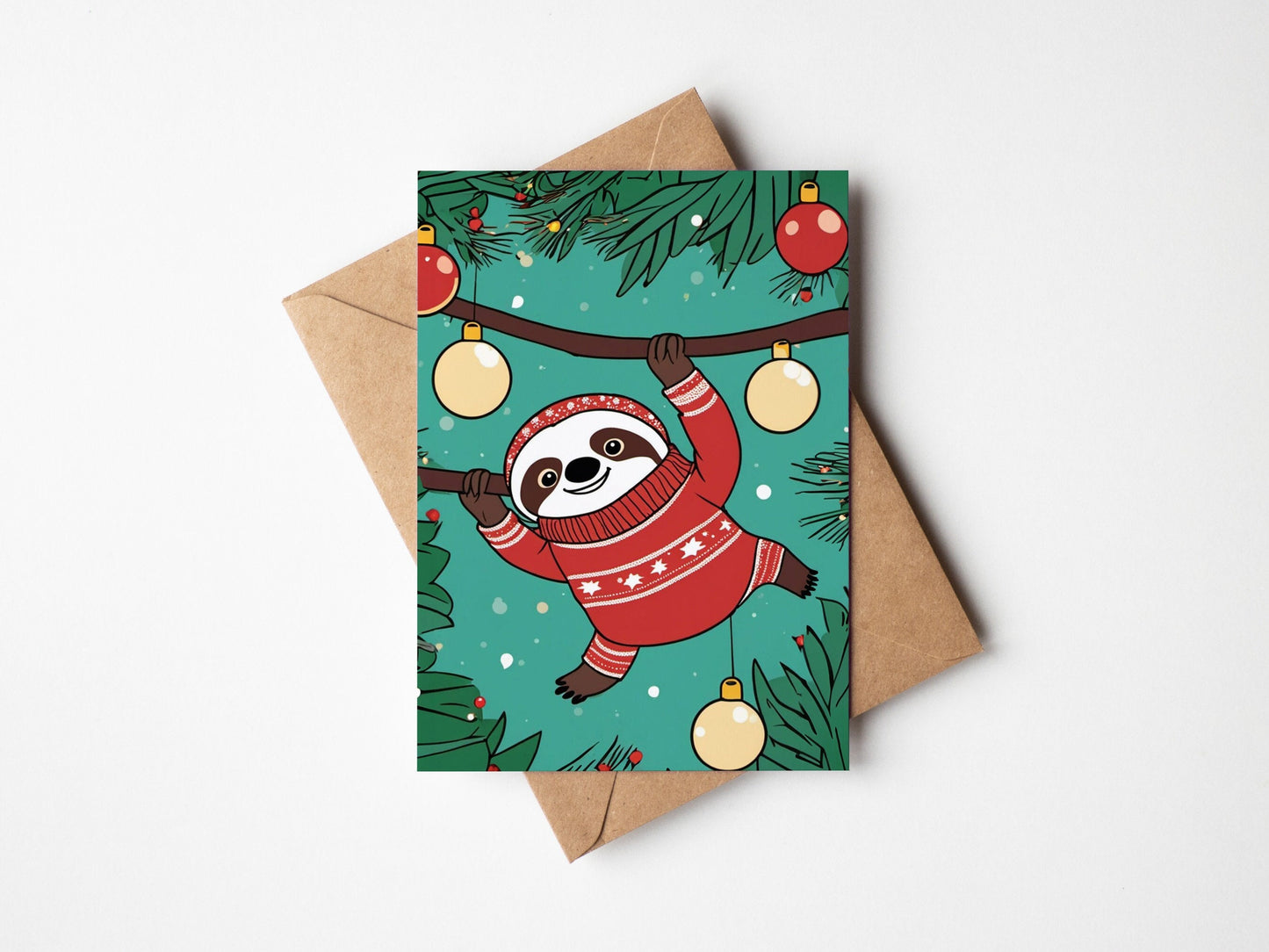 Sloth in a jumper dangling from a branch, cute Christmas Card