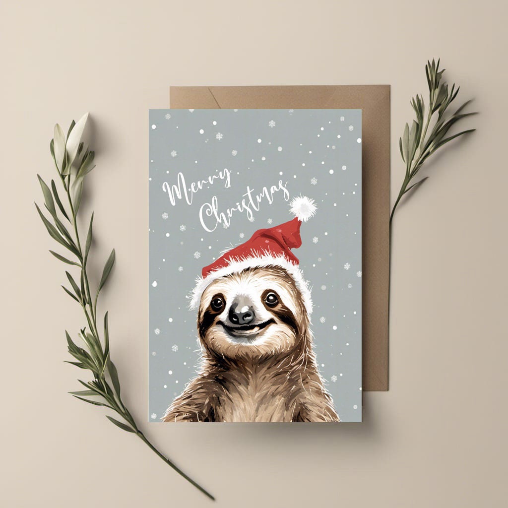 Santa Sloth Christmas Card, a happy Sloth wearing a santa hat wishing you a Merry Christmas