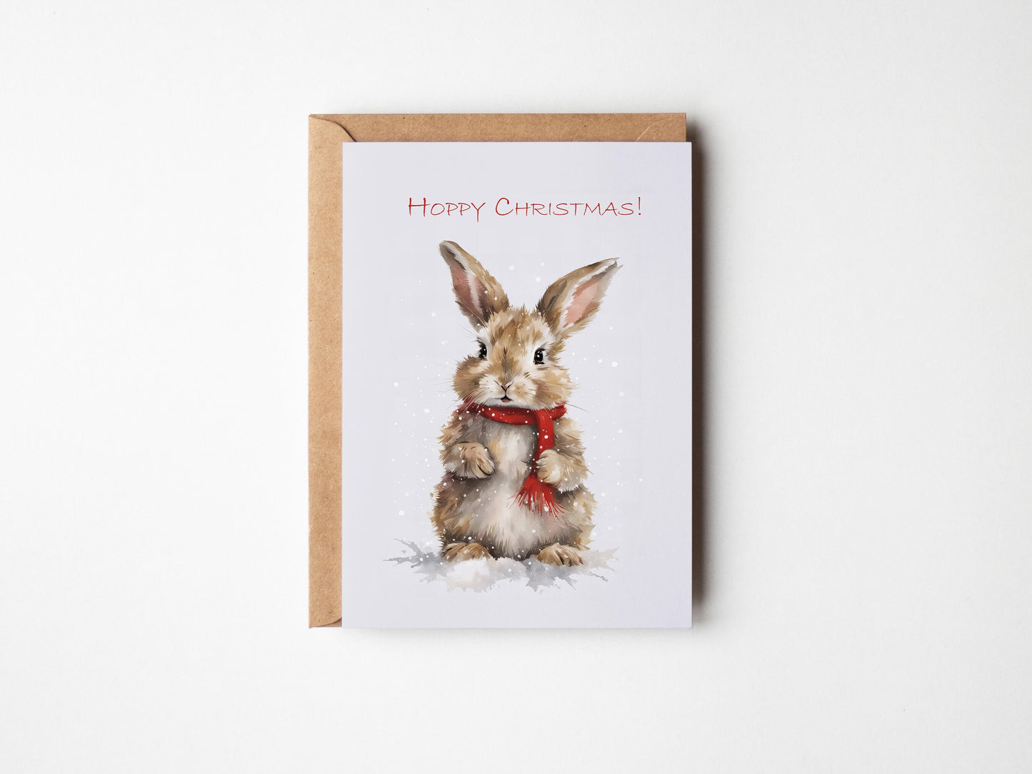 Hoppy Christmas, cute bunny Christmas Card with red scarf