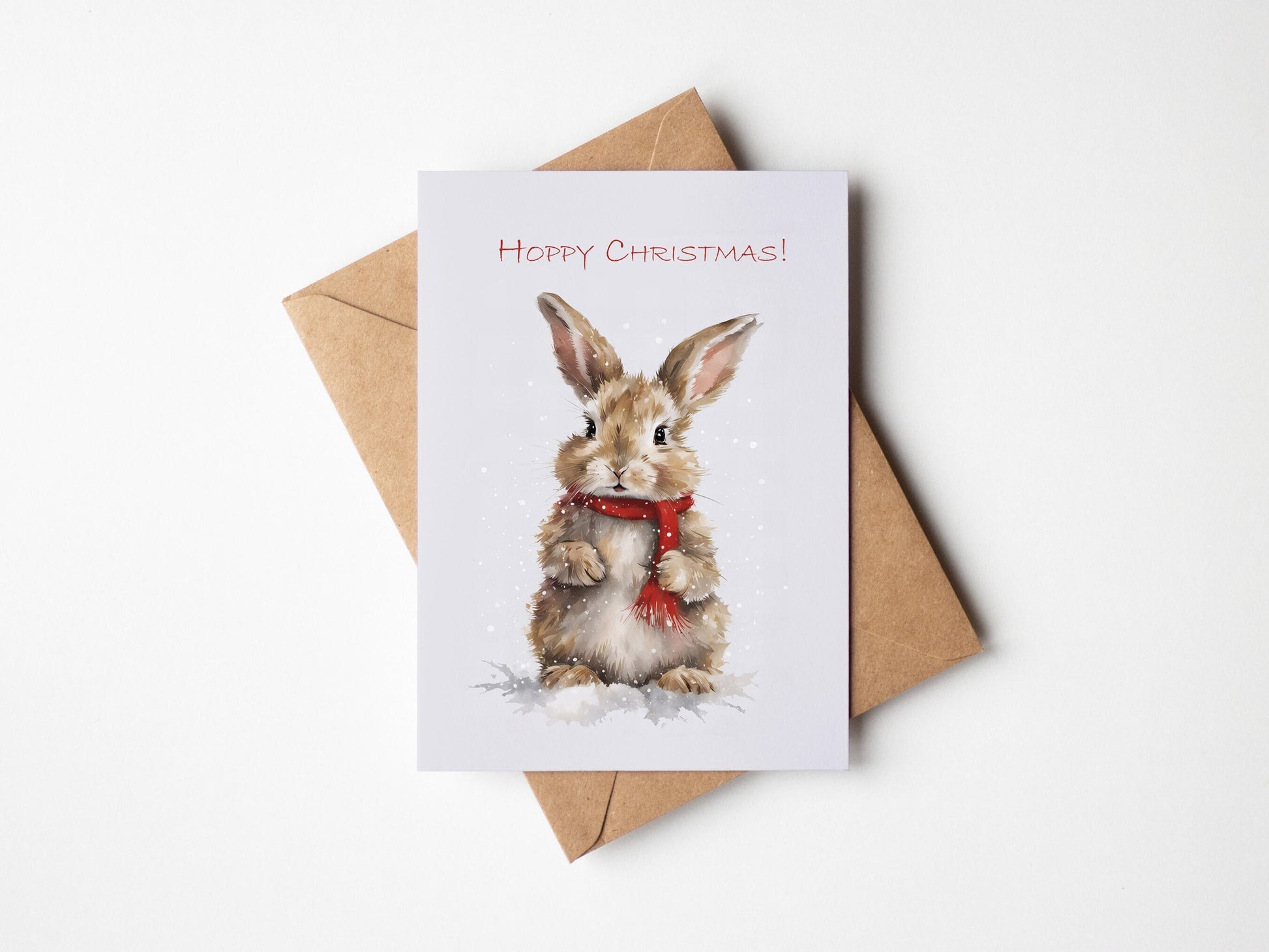 Hoppy Christmas, cute bunny Christmas Card with red scarf