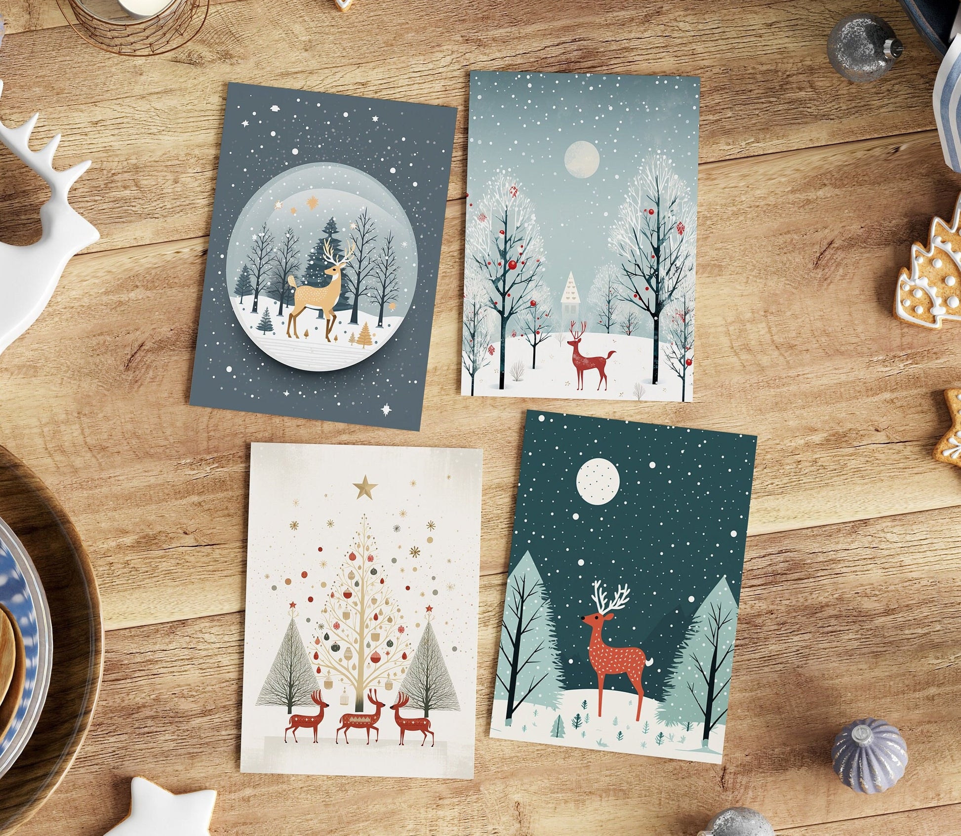 Four Pack of minimalist scandi Christmas Cards with Deer on the front