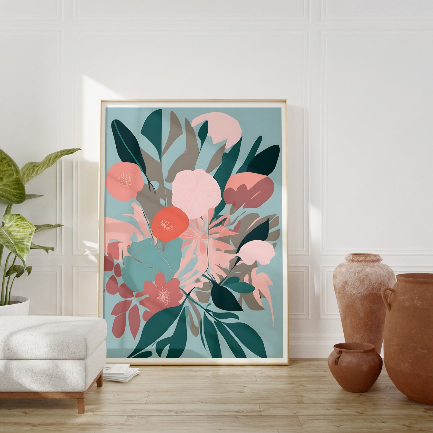 Contemporary Floral Wall Art, Minimalist Print Wall Decor - Bold Beautiful Art, Teals and Pinks