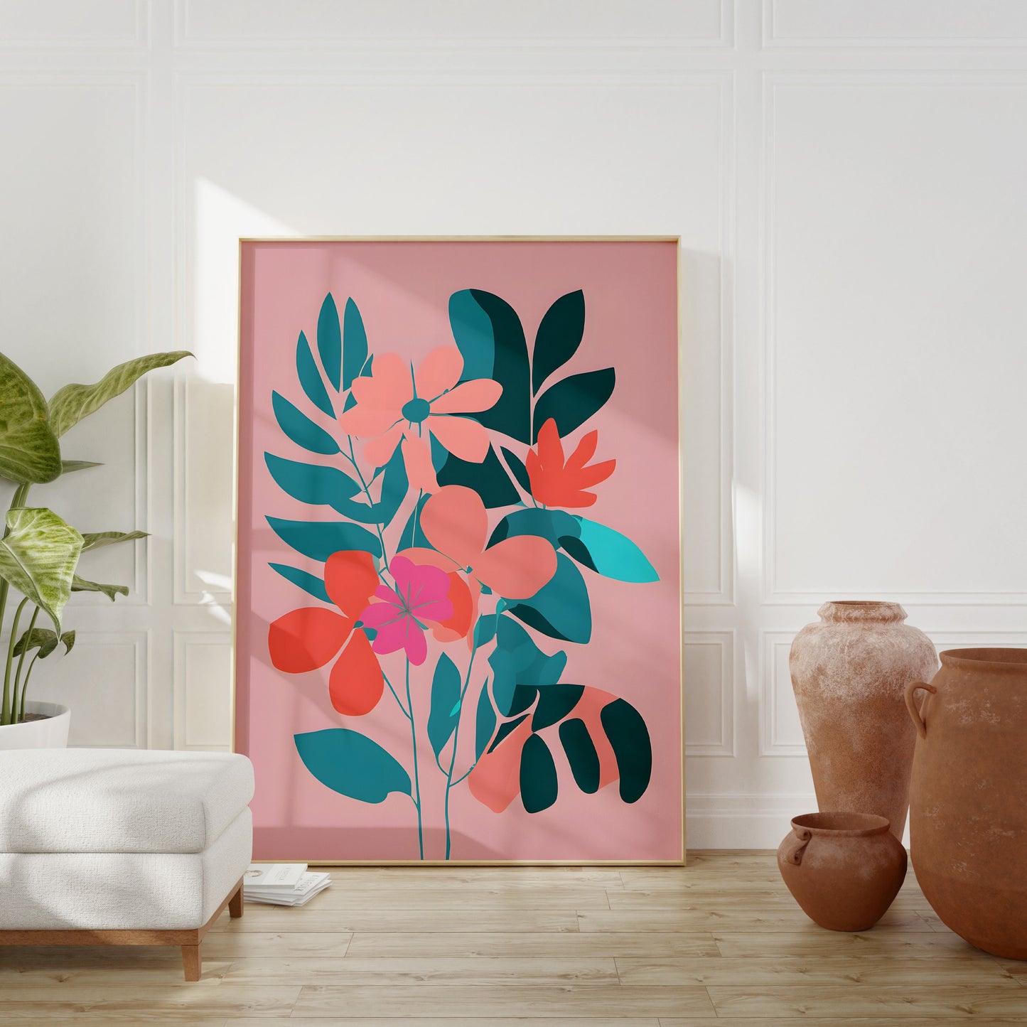 Bold Floral Wall Art, Minimalist Print Wall Decor - Contemporary Beautiful Art, Bright Pinks and Teal