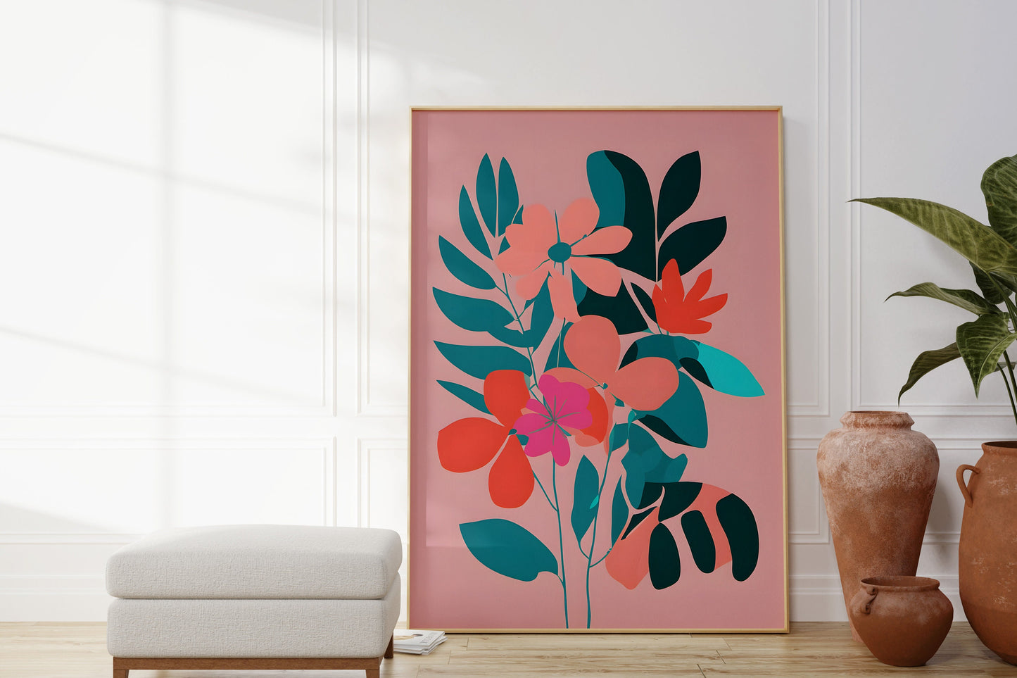 Bold Floral Wall Art - Minimalist Print Decor with Bright Pinks and Teal - Various Sizes Available