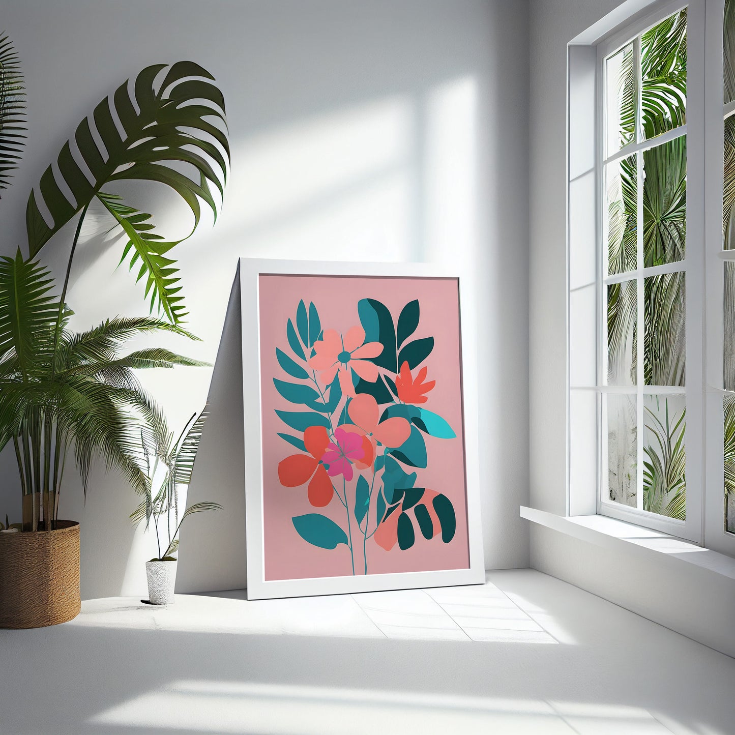 Bold Floral Wall Art, Minimalist Print Wall Decor - Contemporary Beautiful Art, Bright Pinks and Teal