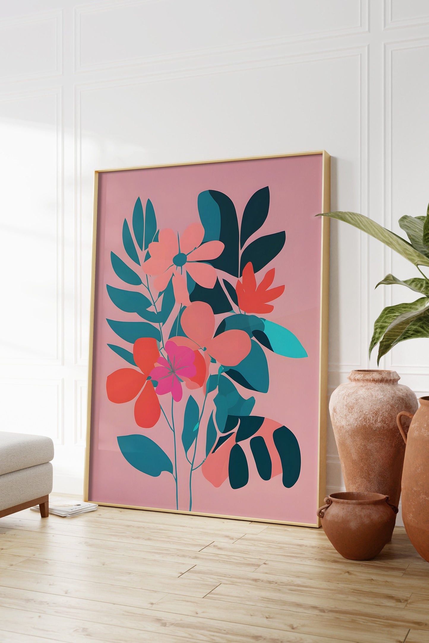 Bold Floral Wall Art - Minimalist Print Decor with Bright Pinks and Teal - Various Sizes Available