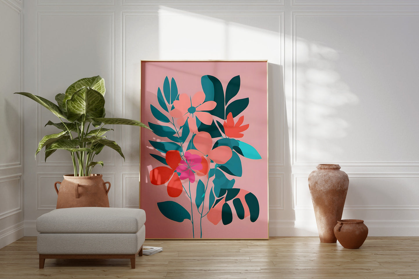 Bold Floral Wall Art - Minimalist Print Decor with Bright Pinks and Teal - Various Sizes Available