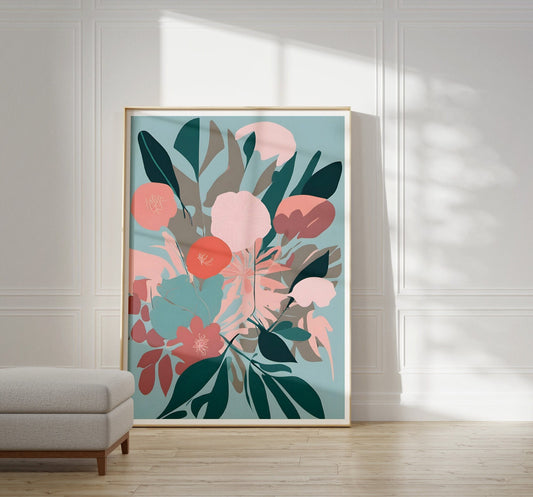 Contemporary Floral Wall Art, Minimalist Print Wall Decor - Bold Beautiful Art, Teals and Pinks