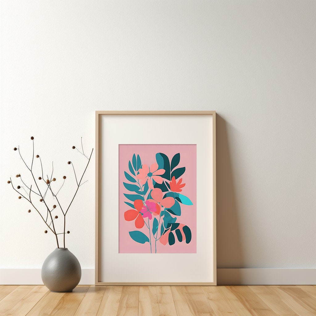 Bold Floral Wall Art, Minimalist Print Wall Decor - Contemporary Beautiful Art, Bright Pinks and Teal