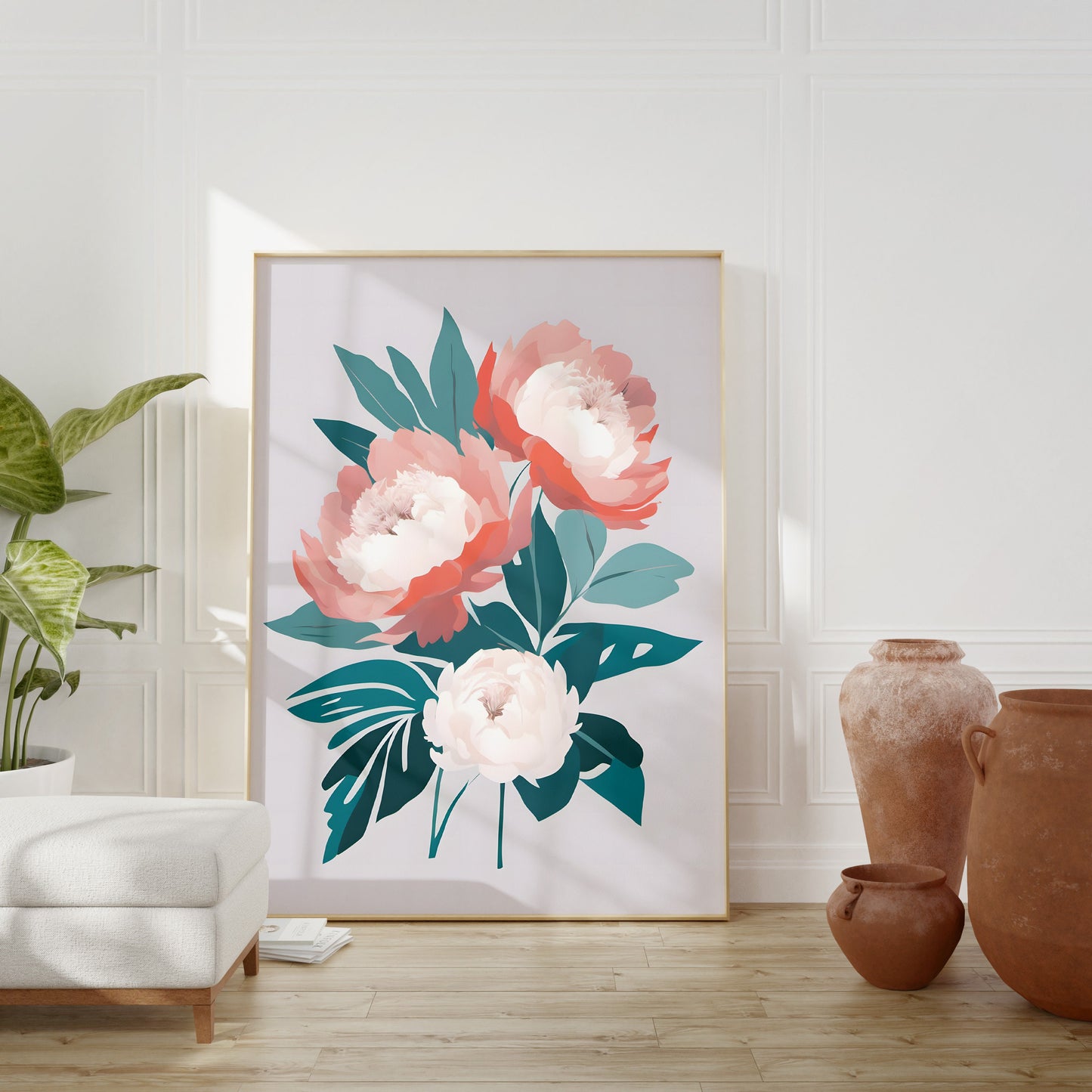 Peony Floral Wall Art, Bright Pink Floral Art - Minimalist Print Wall Decor