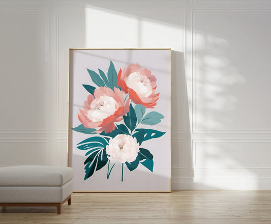 Peony Floral Wall Art, Bright Pink Floral Art - Minimalist Print Wall Decor