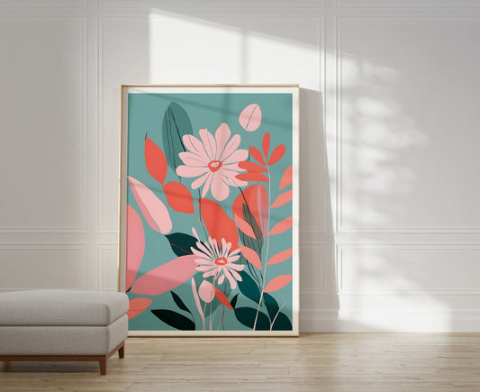 Pink Floral Wall Art, Bright Pink and Teal Floral Art - Bold Print Wall Decor - Contemporary & Beautiful Print Only A5/A4/A3/A2/A1