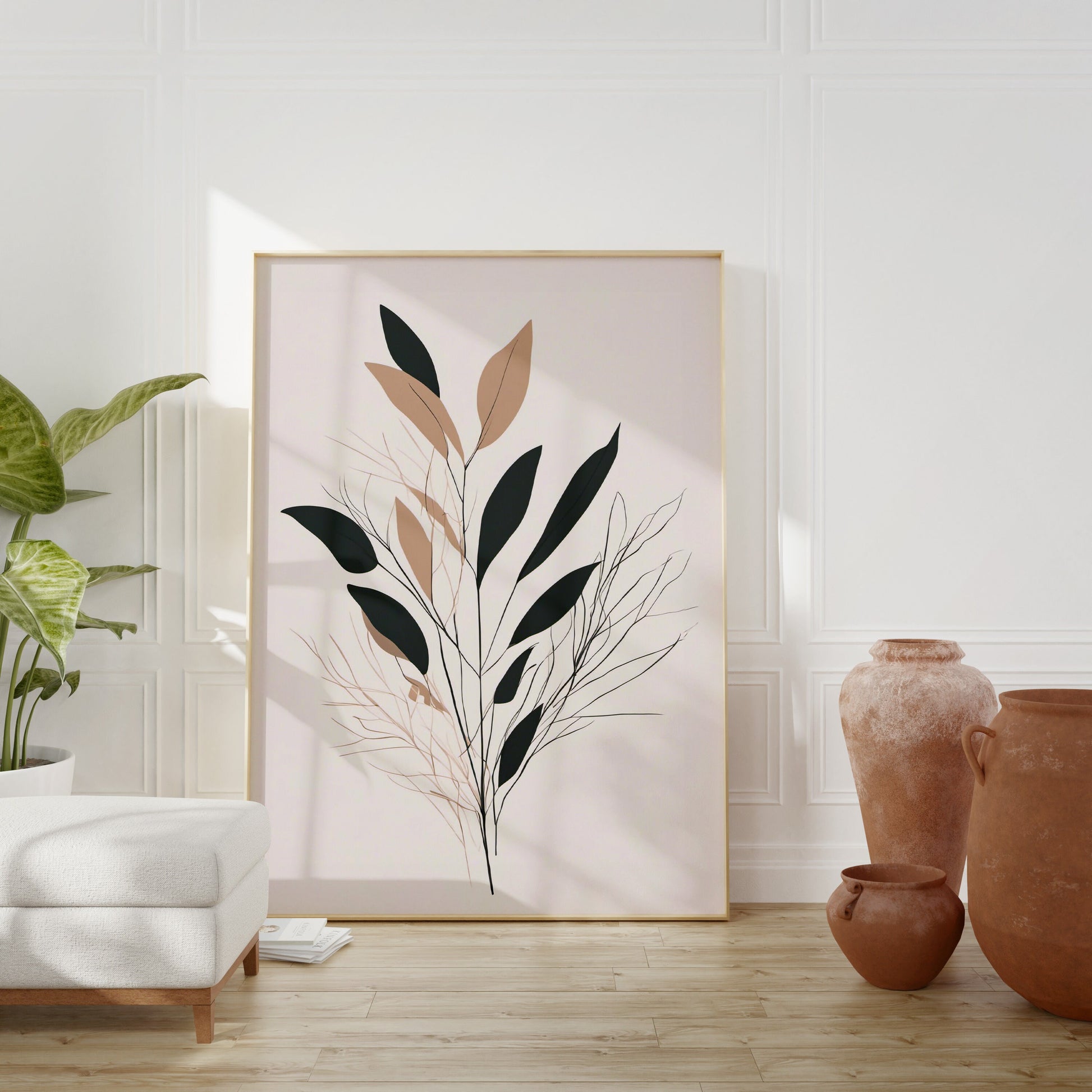 Minimalist Botanical Leaf Wall Art, beige, brown and dark green, Autumn colours, beautiful and simple art