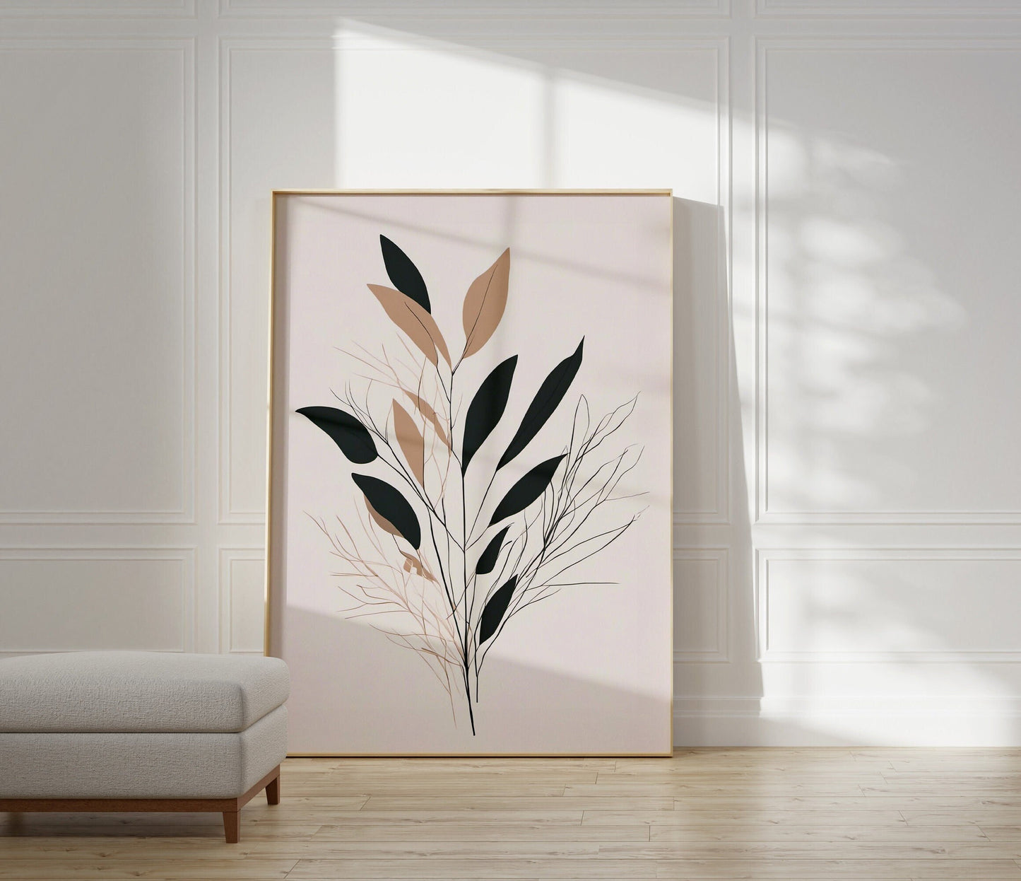 Minimalist Botanical Leaf Wall Art, beige, brown and dark green, Autumn colours, beautiful and simple art