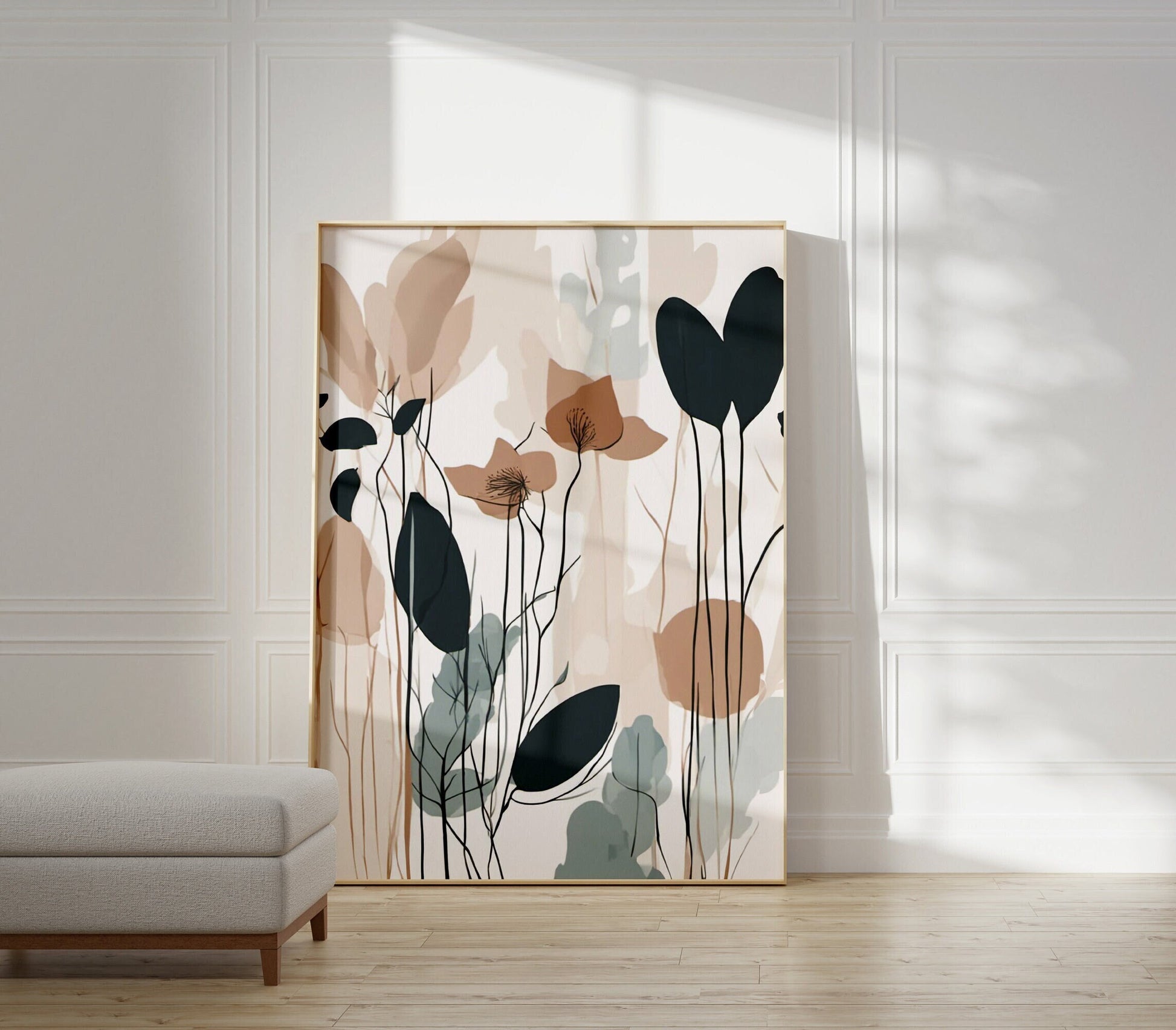 Minimalist Botanical Leaf Wall Art, beige, Pinks, brown and dark green, Autumn colours, beautiful and simple art