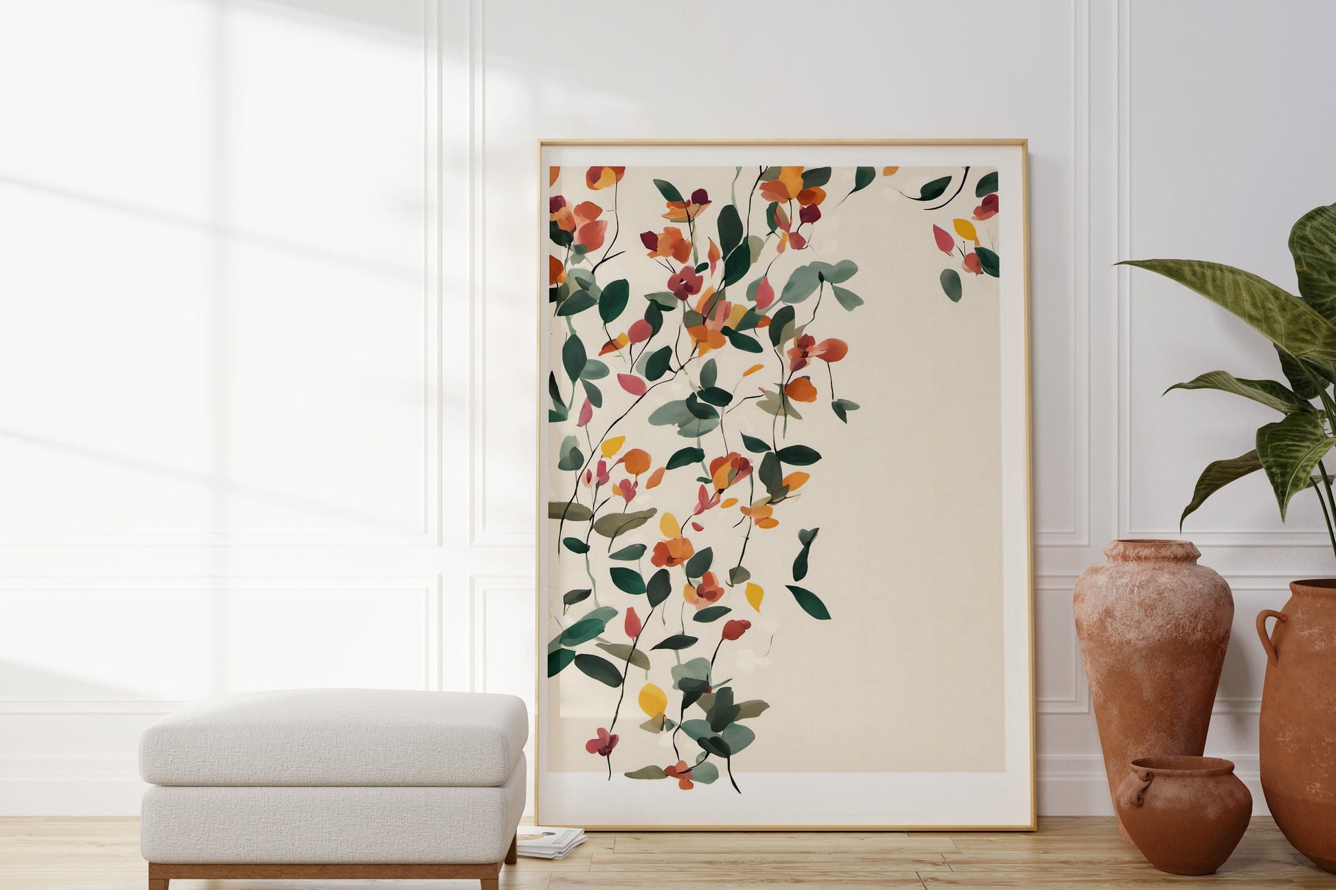 Minimalist Botanical Leaf Wall Art, Green with Orange Flowers Neutral colours, beautiful and simple art