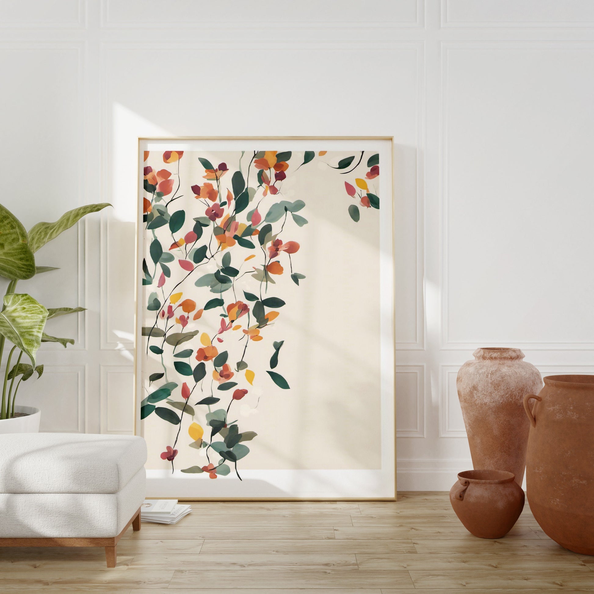 Minimalist Botanical Leaf Wall Art, Green with Orange Flowers Neutral colours, beautiful and simple art