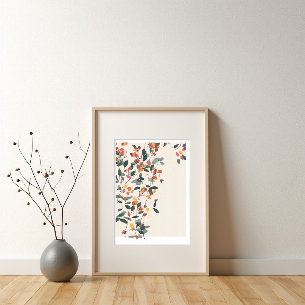 Minimalist Botanical Leaf Wall Art, Green with Orange Flowers Neutral colours, beautiful and simple art