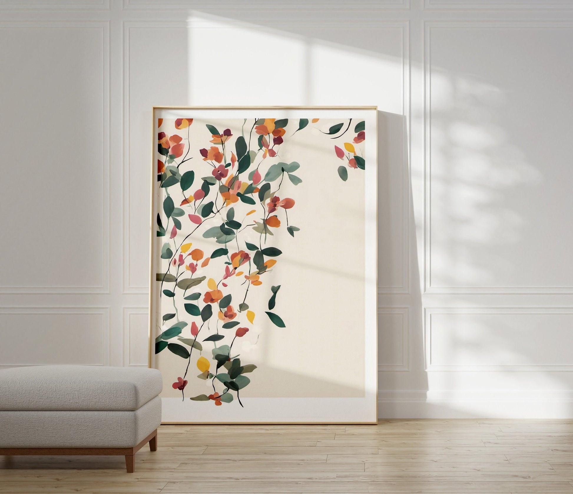 Minimalist Botanical Leaf Wall Art, Green with Orange Flowers Neutral colours, beautiful and simple art