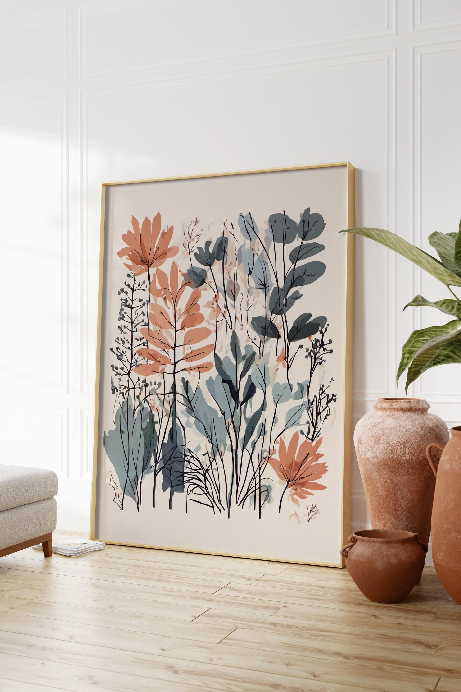 Bold Contemporary Botanical Leaf Wall Art, coral and sage green, Neutral colours, beautiful and simple art