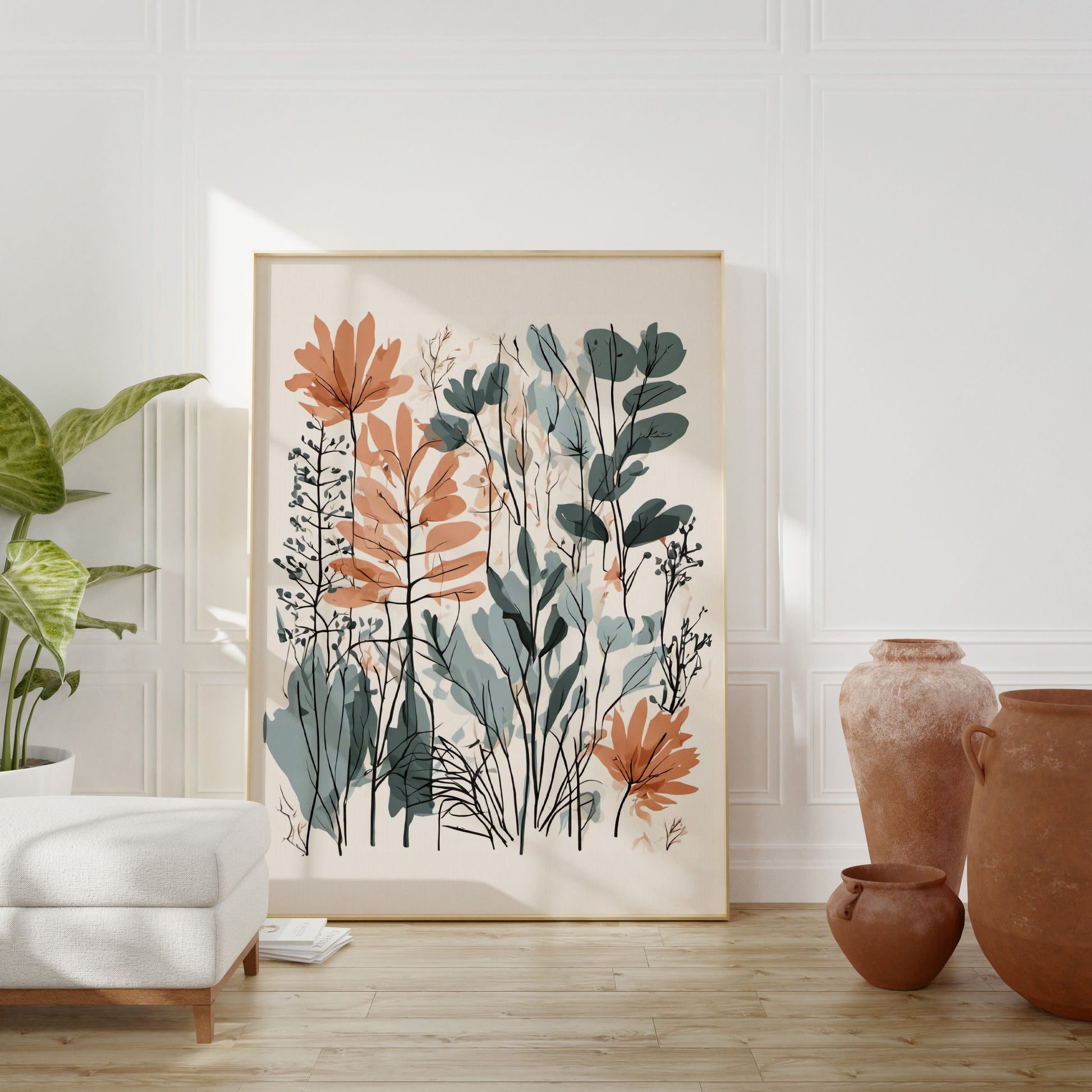 Bold Contemporary Botanical Leaf Wall Art, coral and sage green, Neutral colours, beautiful and simple art