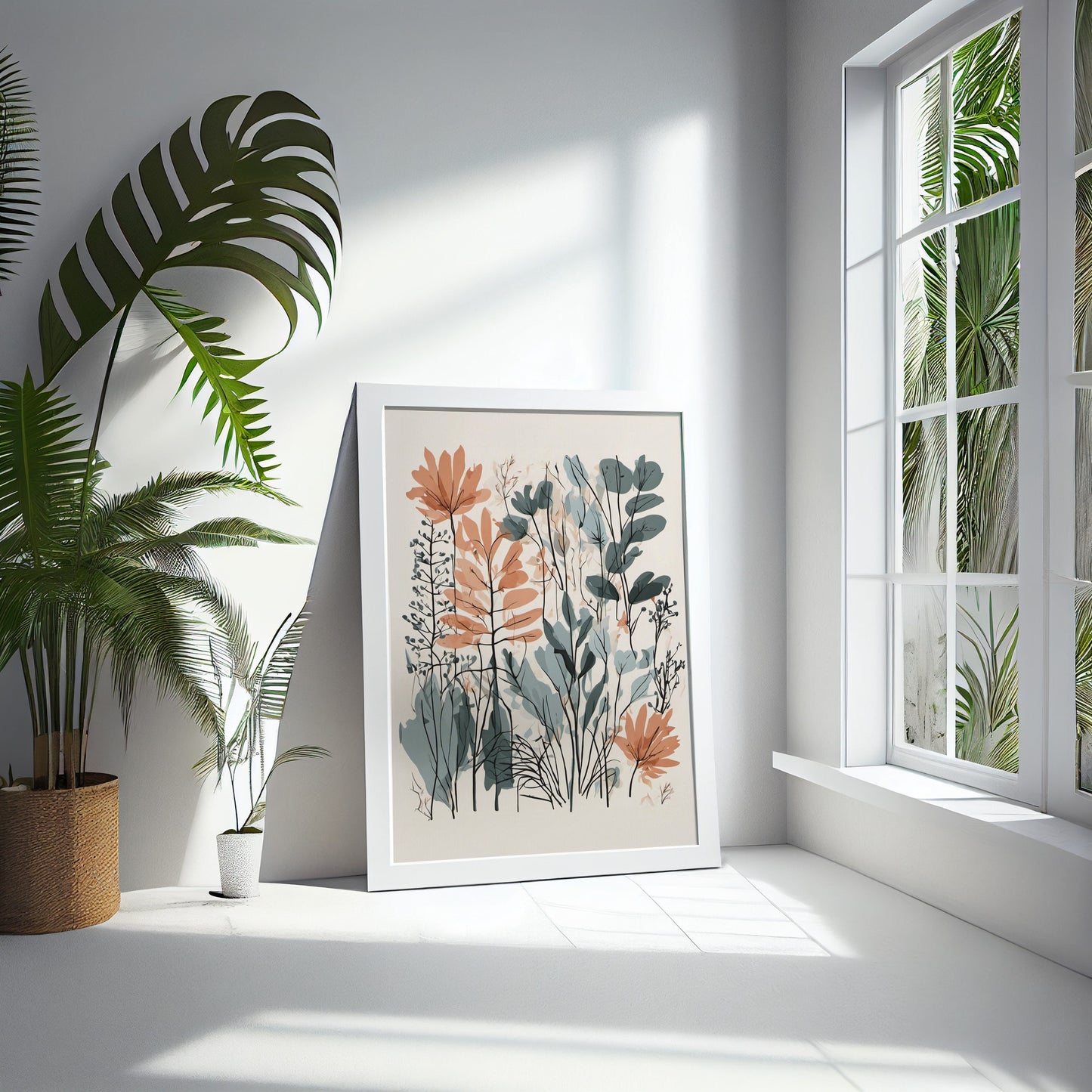 Bold Contemporary Botanical Leaf Wall Art, coral and sage green, Neutral colours, beautiful and simple art