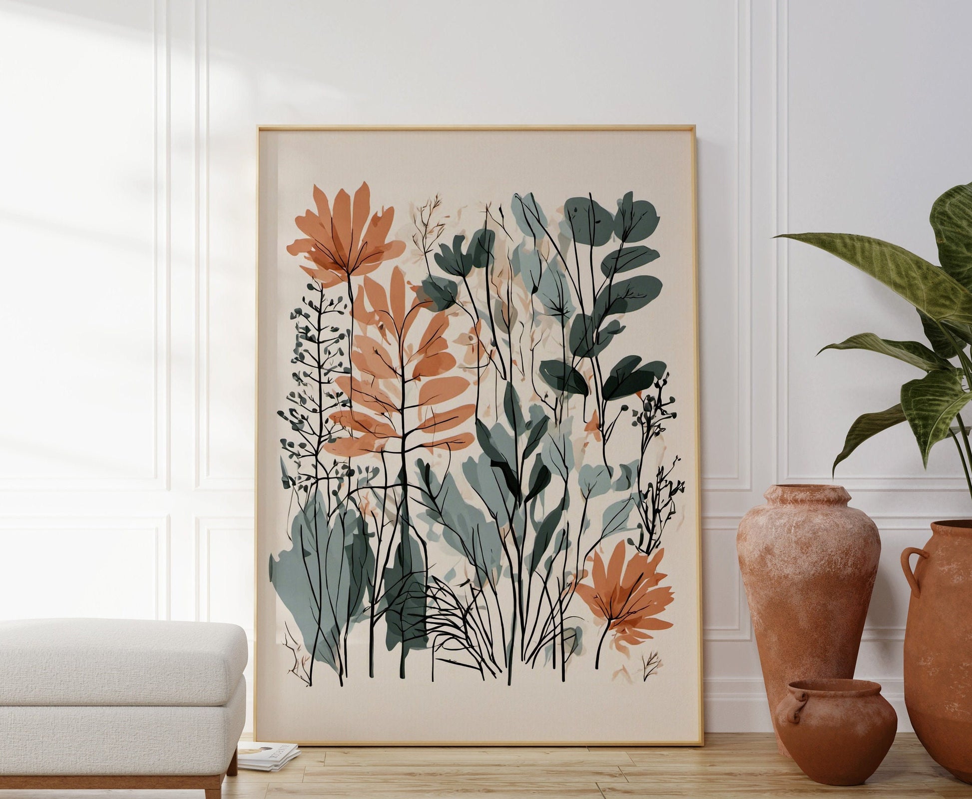 Bold Contemporary Botanical Leaf Wall Art, coral and sage green, Neutral colours, beautiful and simple art