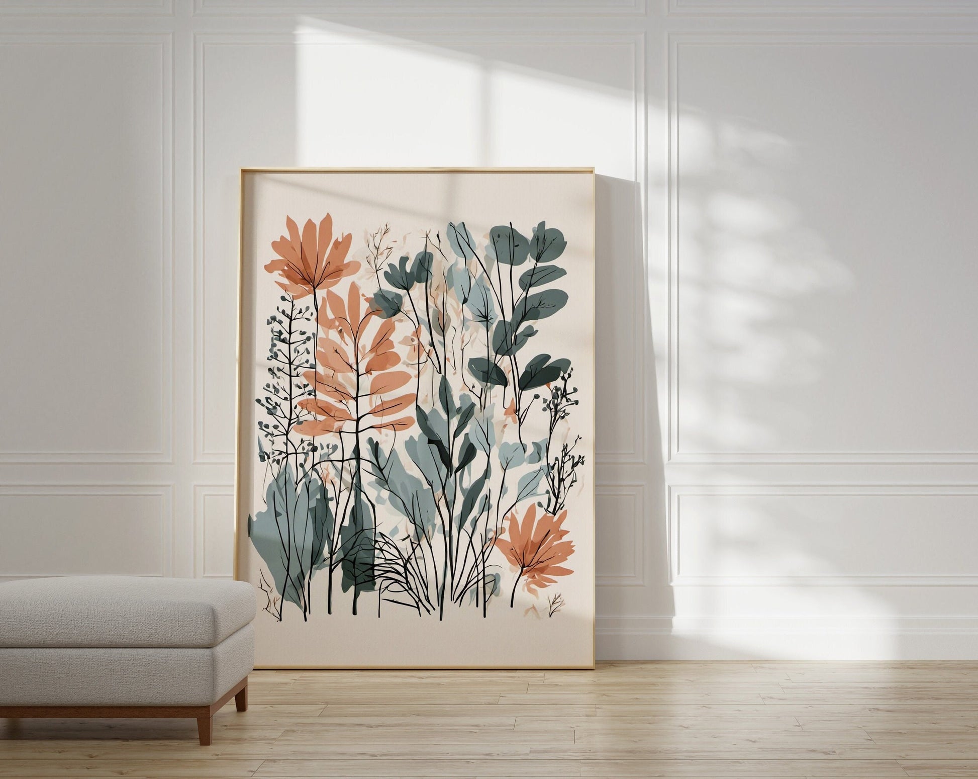 Bold Contemporary Botanical Leaf Wall Art, coral and sage green, Neutral colours, beautiful and simple art