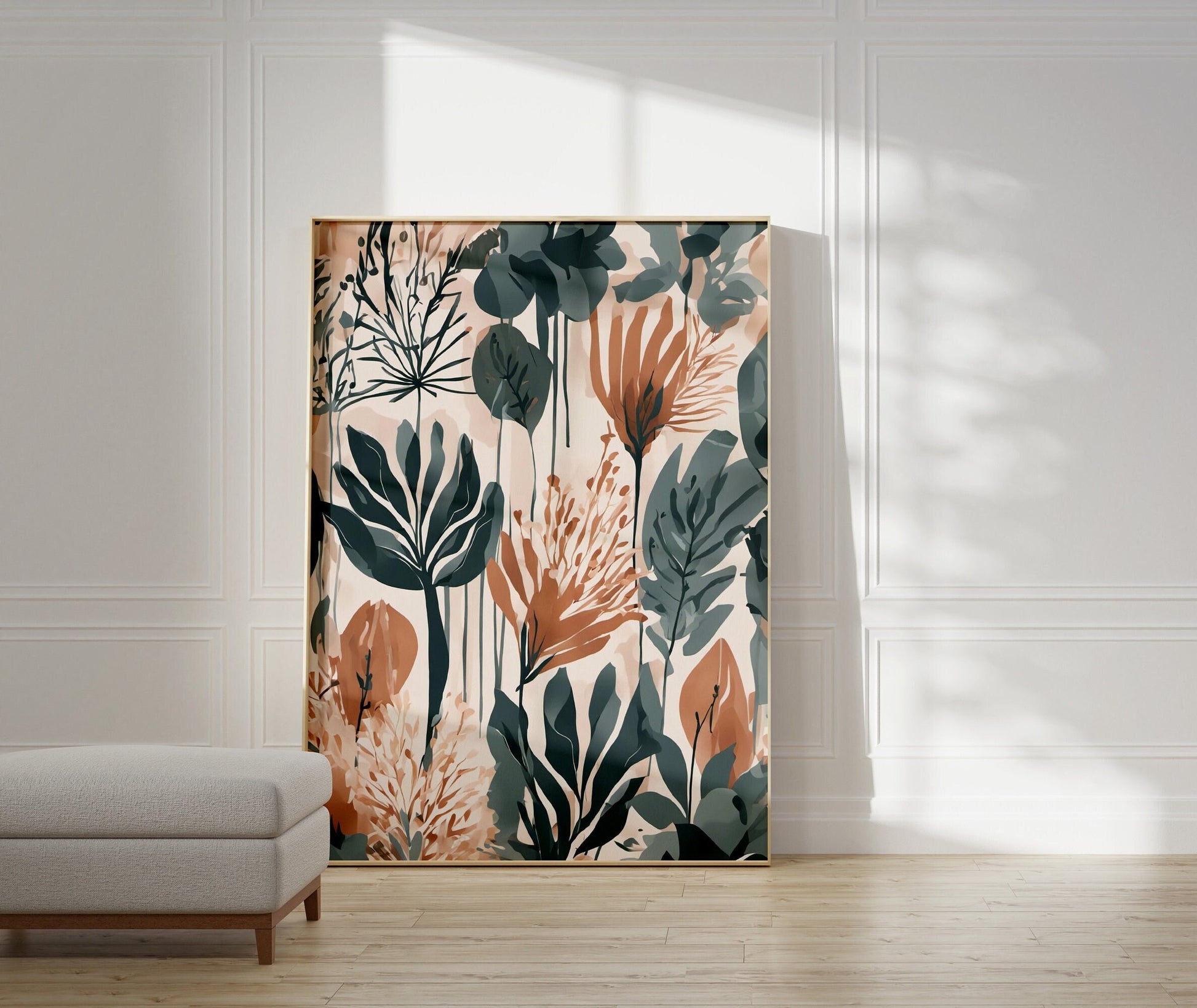 Bold Contemporary Botanical Leaf Wall Art, coral and sage green, Neutral colours, beautiful and simple art