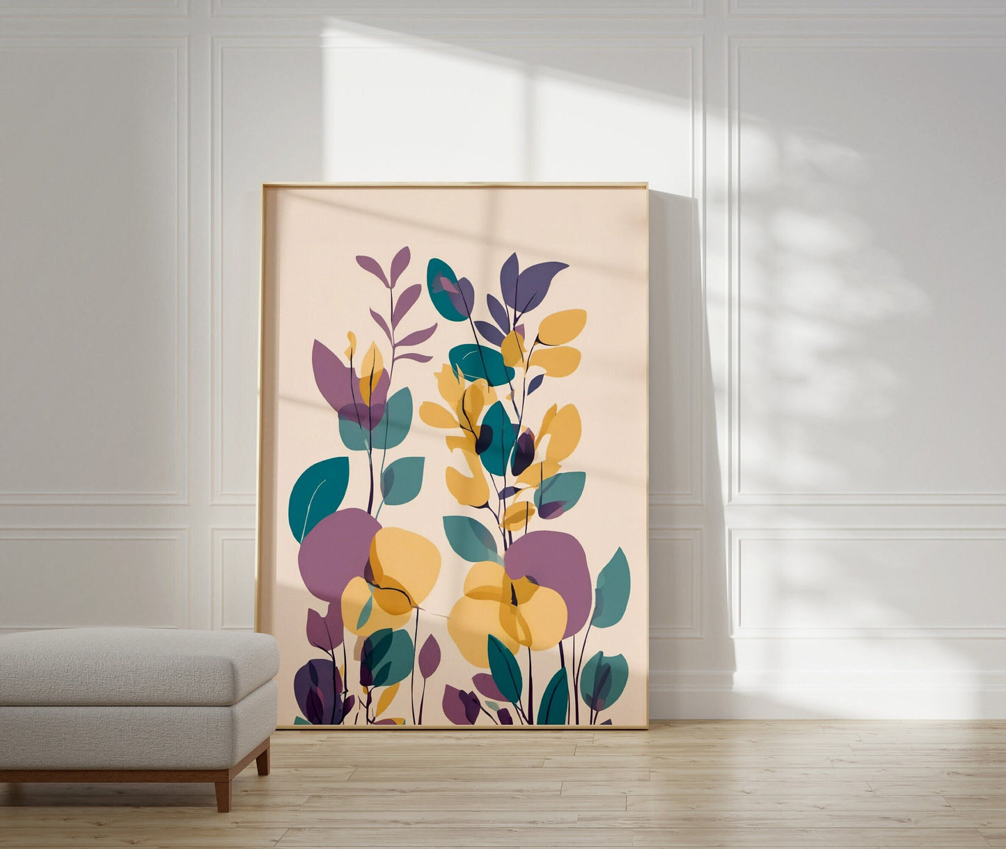 Bold Contemporary Botanical Leaf Floral Wall Art, yellow, purple and green Neutral colours, beautiful and simple art