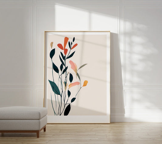 Bold Contemporary Botanical Leaf Floral Wall Art, orange, and green Neutral colours, beautiful and simple art