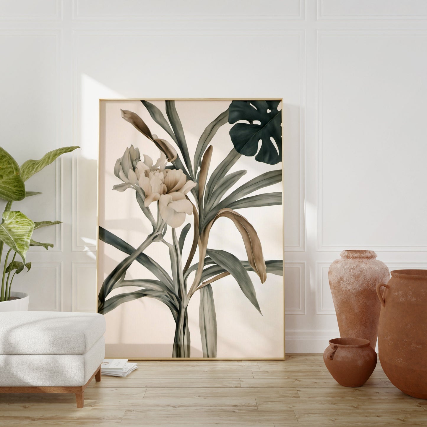 Bold Contemporary Botanical Leaf Wall Art, brown, and green Neutral colours, beautiful and simple art