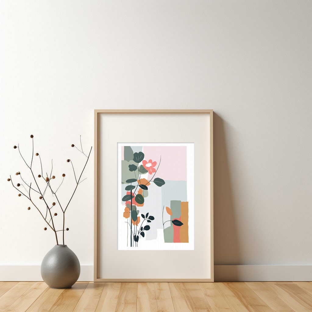 Bold Contemporary Botanical Leaf Wall Art, block colour design, pink, blue, green Neutral colours, beautiful and simple art