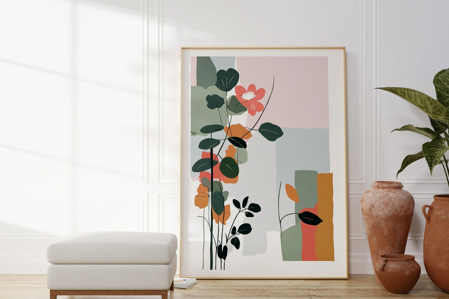 Bold Contemporary Botanical Leaf Wall Art, block colour design, pink, blue, green Neutral colours, beautiful and simple art