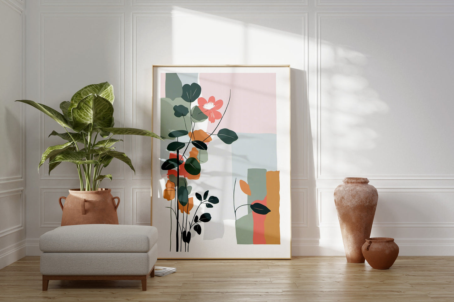 Bold Contemporary Botanical Leaf Wall Art, block colour design, pink, blue, green Neutral colours, beautiful and simple art