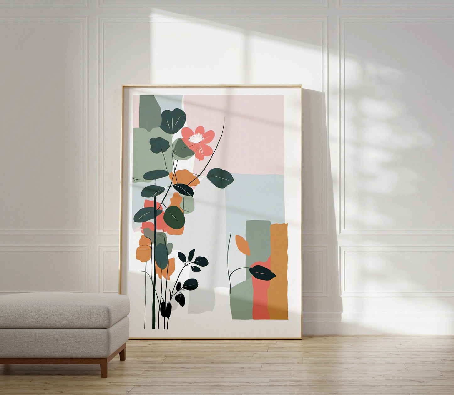 Bold Contemporary Botanical Leaf Wall Art, block colour design, pink, blue, green Neutral colours, beautiful and simple art