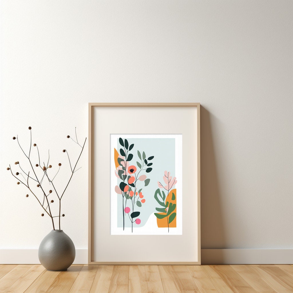 Contemporary Botanical Leaf Wall Art, coral and sage green, Neutral colours, beautiful and simple art