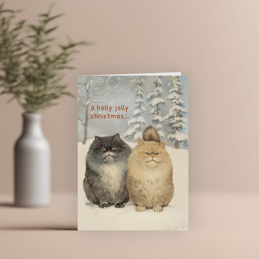 Christmas Cat Card, Christmas Snowy Cats on the front, cute cat xmas card