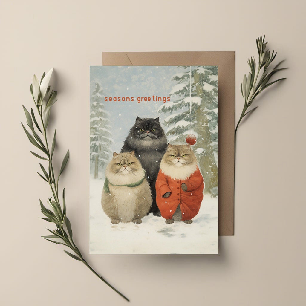 Christmas Cat Card, Christmas Snowy Cats on the front, cute cat xmas card