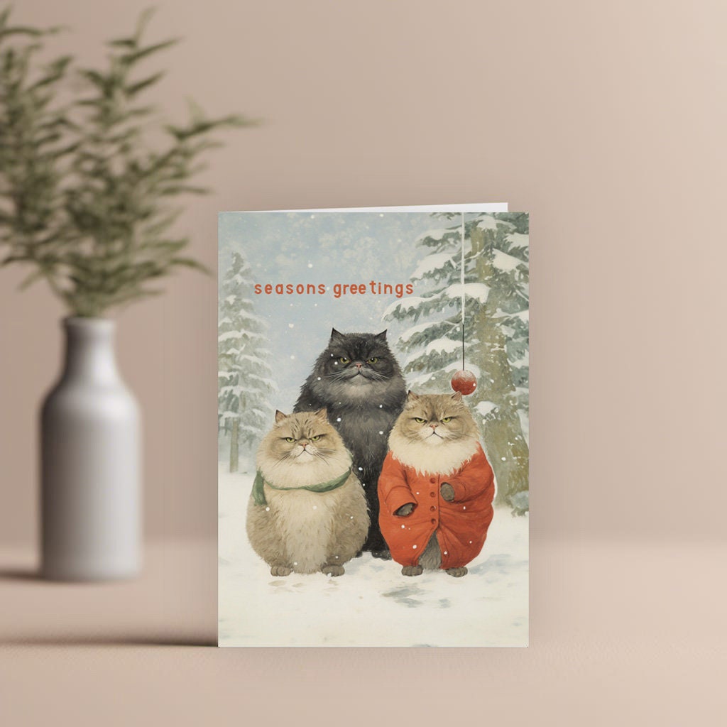 Christmas Cat Card, Christmas Snowy Cats on the front, cute cat xmas card