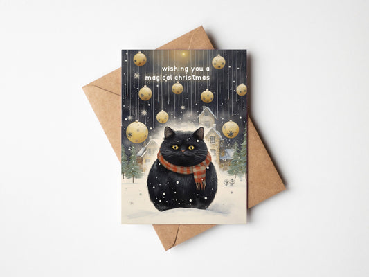 Christmas Cat Card, Christmas Snowy Black Cat on the front, cute cat xmas card