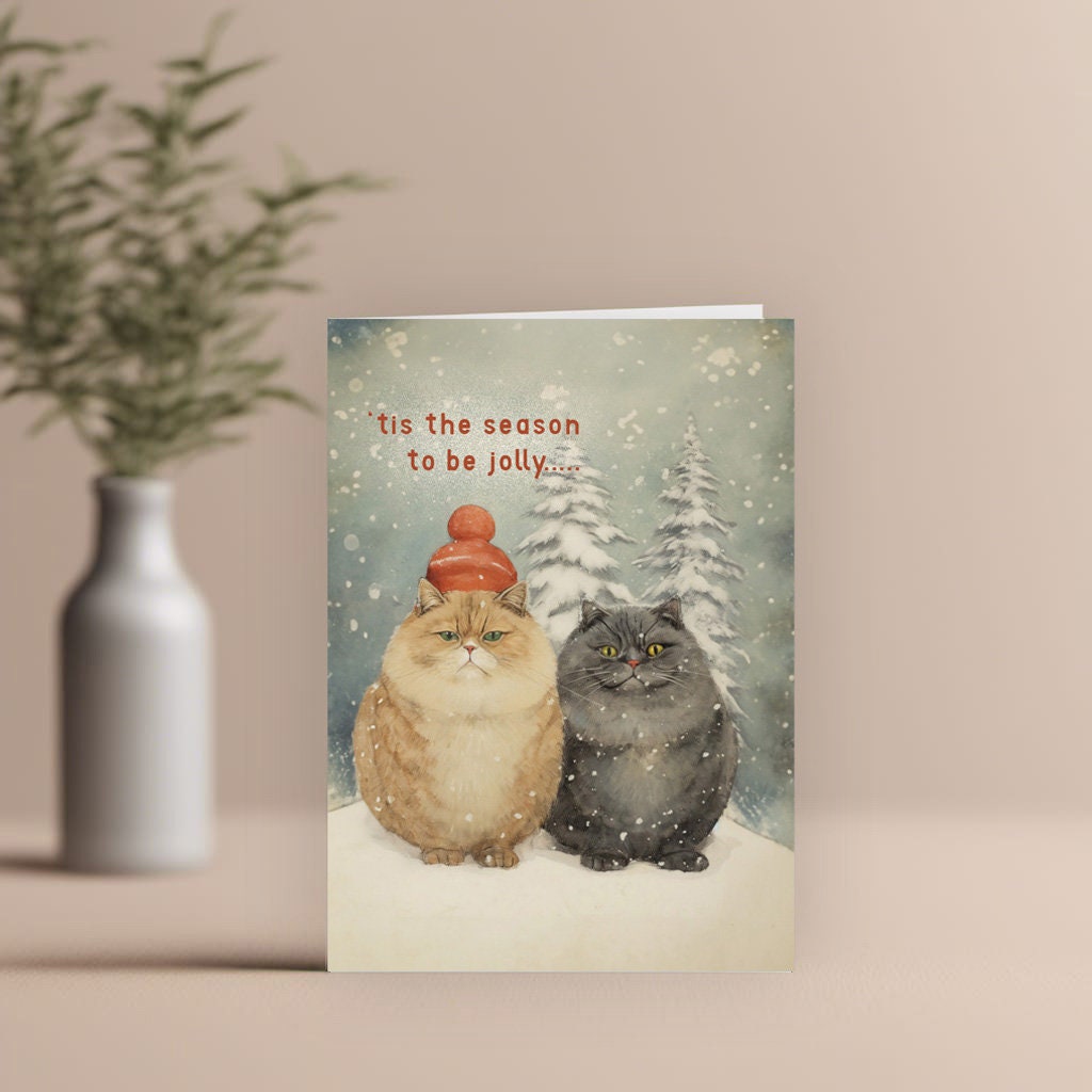 Christmas Cat Card, Christmas Snowy Cats on the front, cute cat xmas card