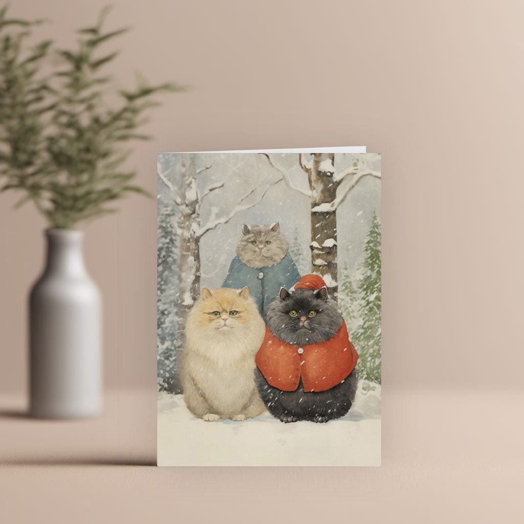 Christmas Cat Card, Christmas Snowy Cats on the front, cute cat xmas card