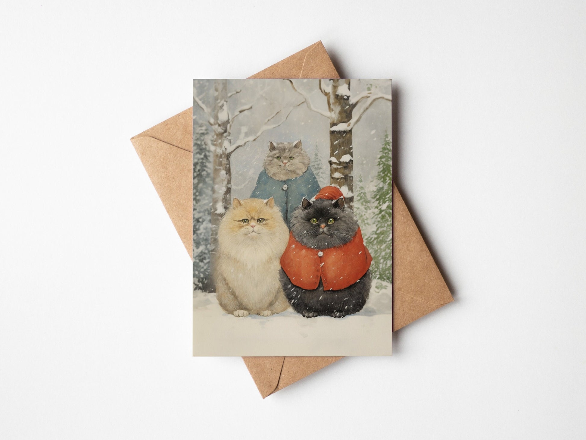 Christmas Cat Card, Christmas Snowy Cats on the front, cute cat xmas card