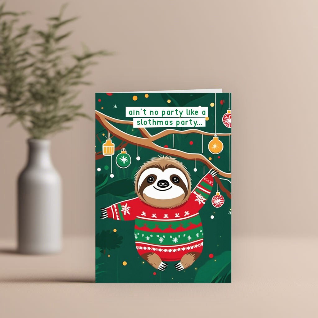 Sloth in a jumper dangling from a branch, cute Christmas Card