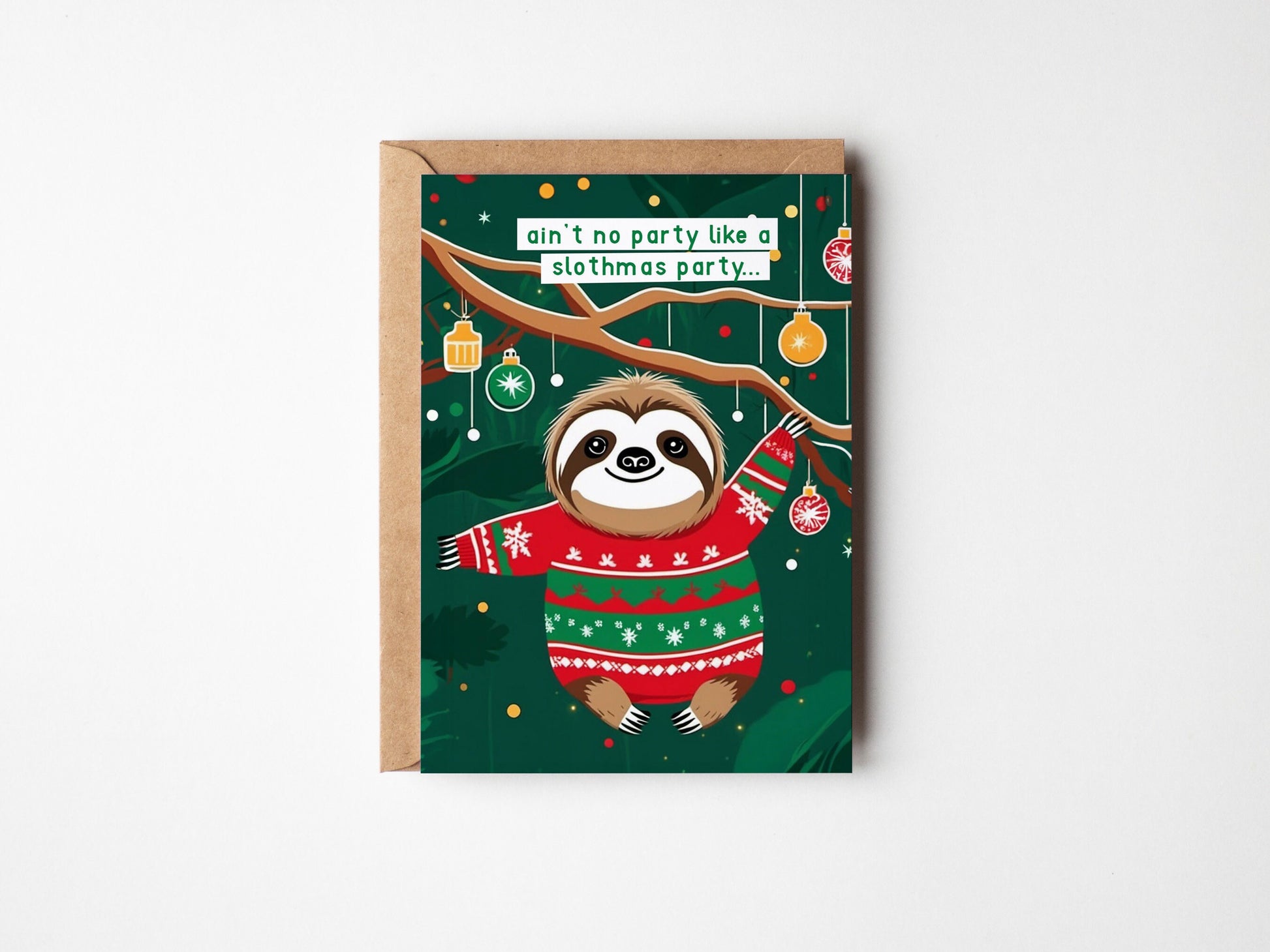 Sloth in a Jumper dangling from a branch, cute Christmas Card