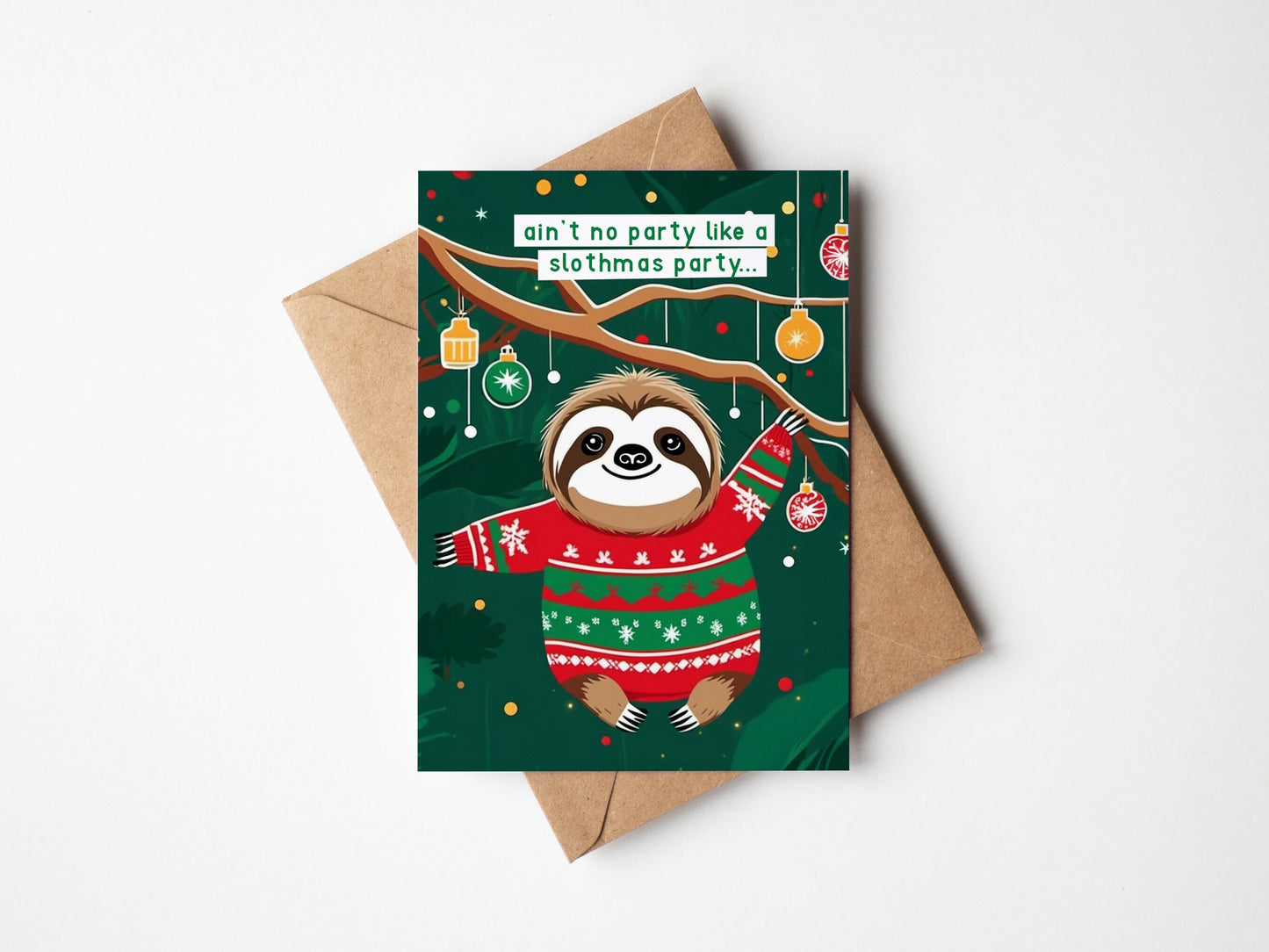 Sloth in a Jumper dangling from a branch, cute Christmas Card