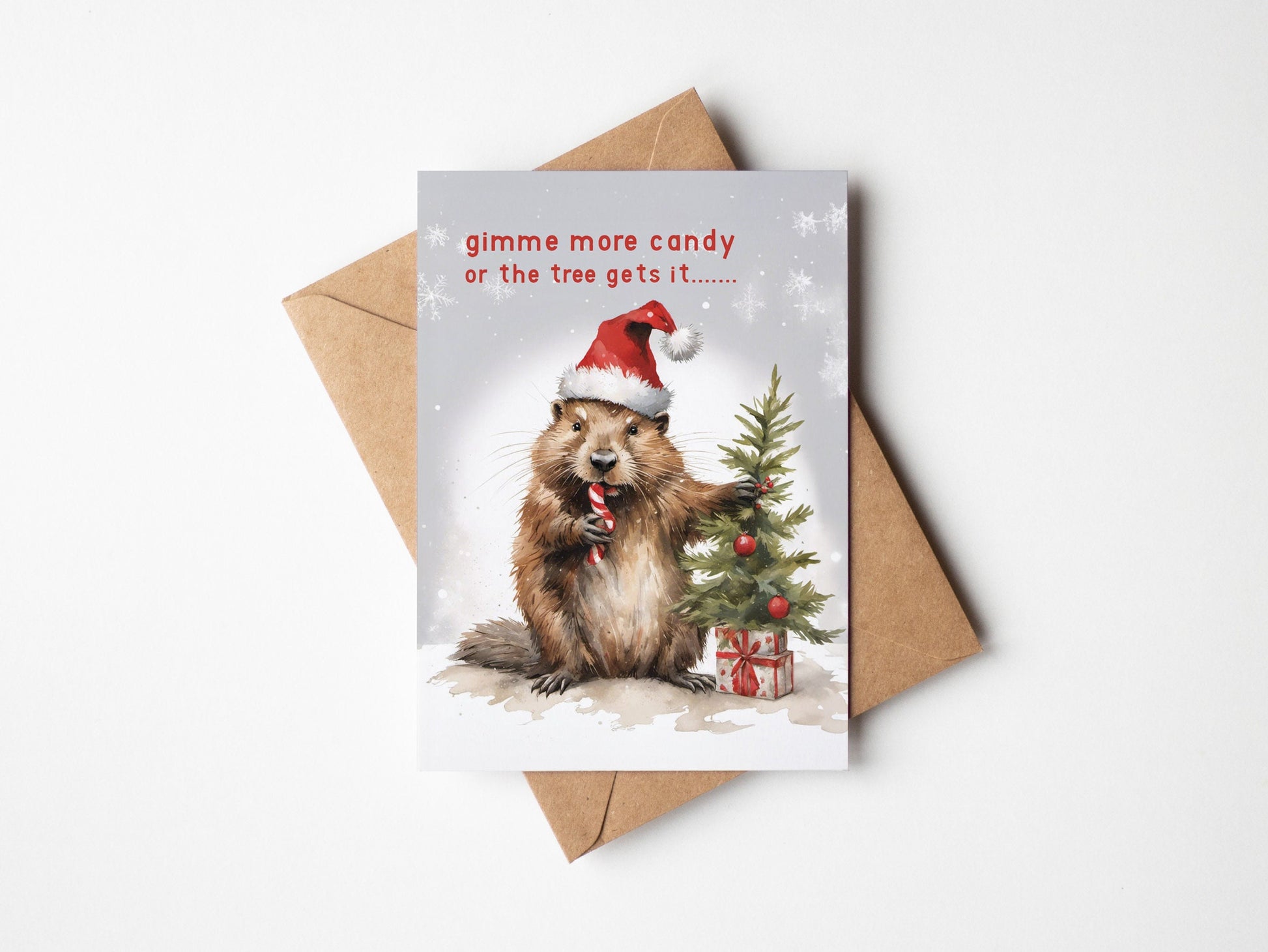 Cute Beaver on a Christmas card with Santa hat wishing you a Merry Christmas