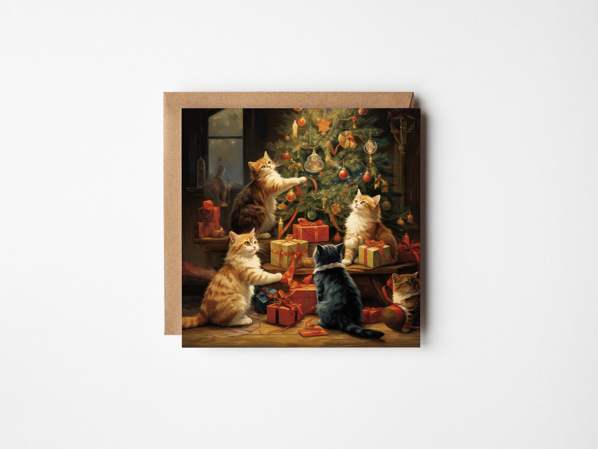 Cats Decorating the christmas Tree Xmas Card square