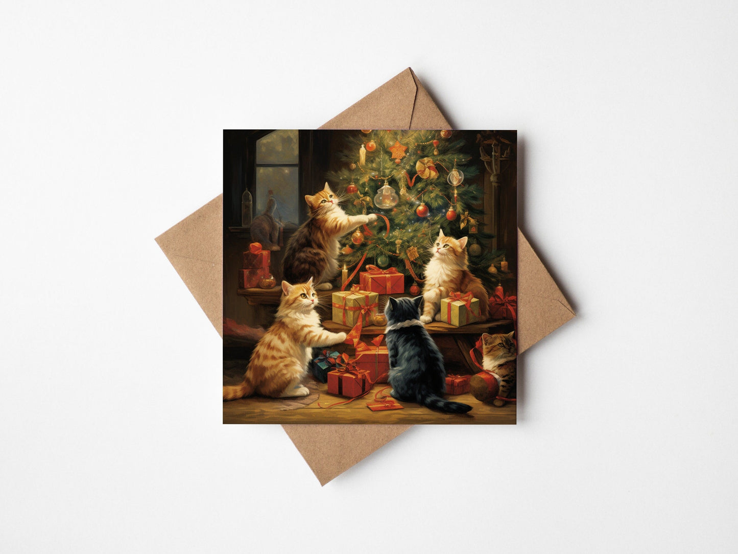 Cats Decorating the christmas Tree Xmas Card square